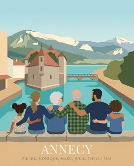 Example of a family-from-behind poster in Annecy, several generations together