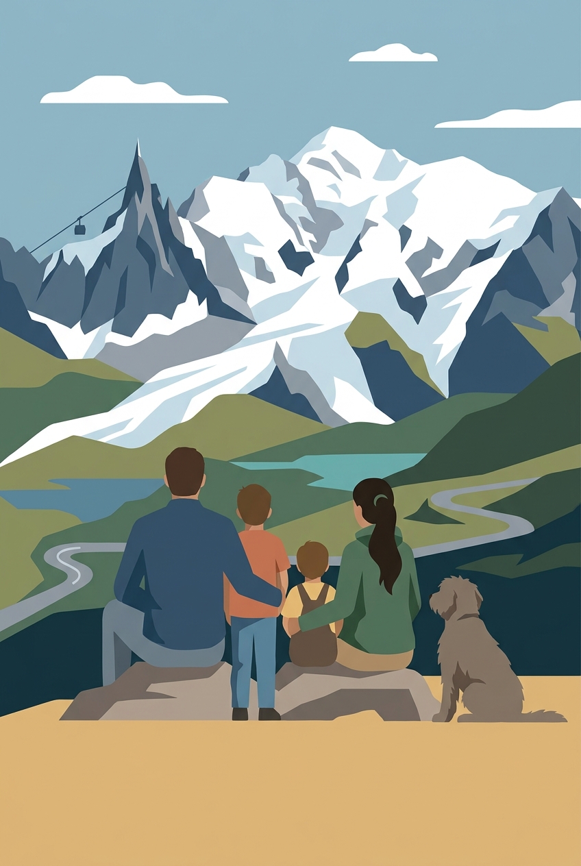 Family poster, seen from behind, facing Les Alpes