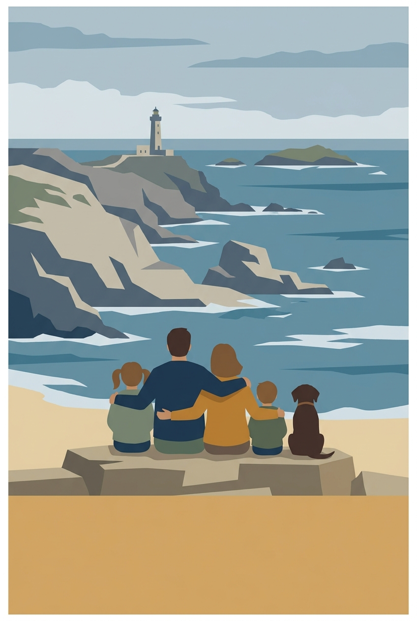 Family poster, seen from behind, facing La Bretagne