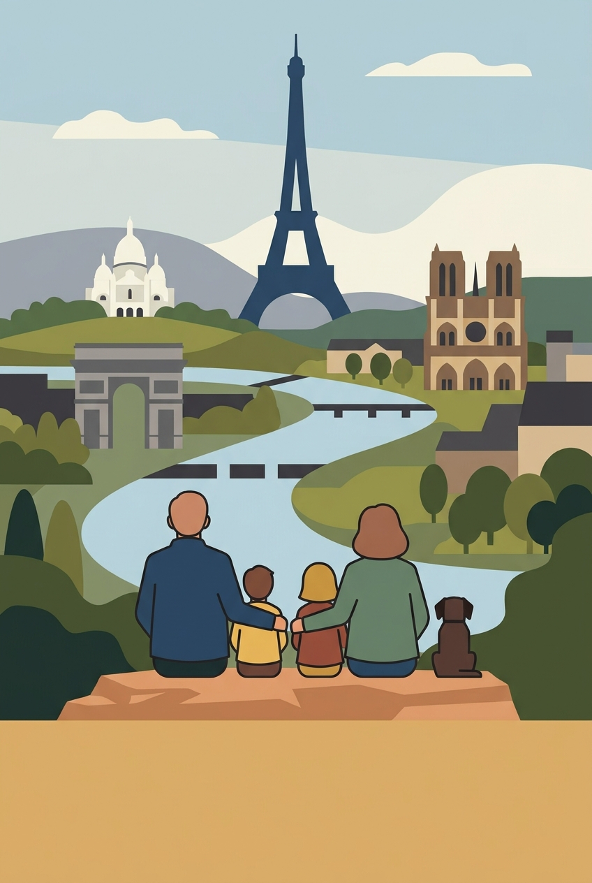 Family poster, seen from behind, facing Paris