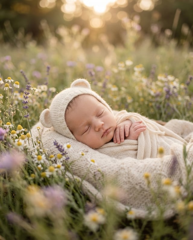 Birth portrait, baby alone, Field of flowers style