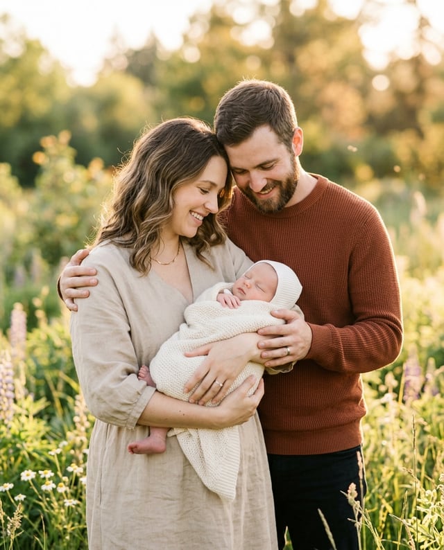 Birth portrait, with the family, Golden outdoors style