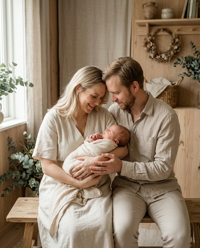Birth portrait, with the family, Natural linen style