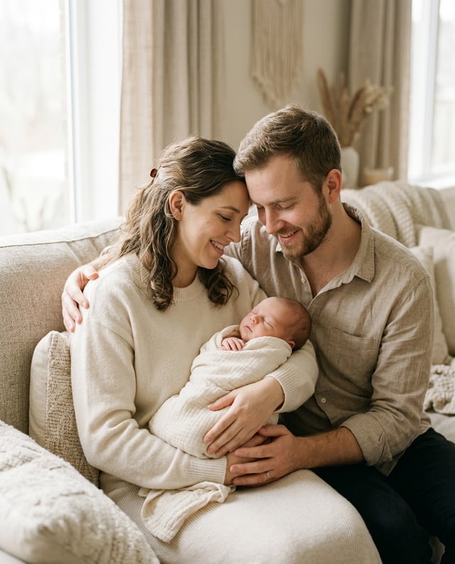 Birth portrait, with the family, Soft studio style