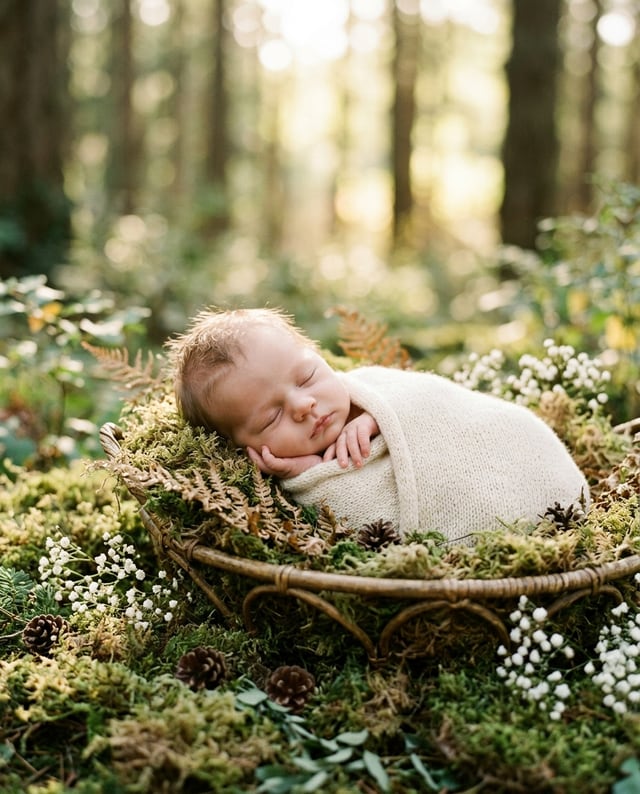 Birth portrait, baby alone, Enchanted forest style