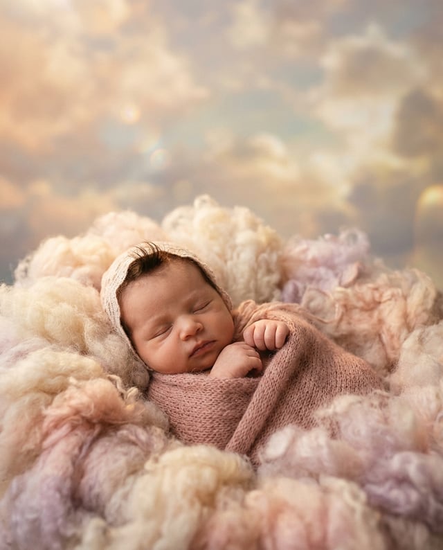 Birth portrait, baby alone, Heavenly clouds style