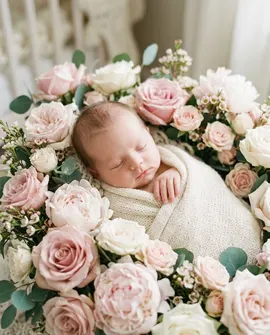 Example of a birth portrait, a baby asleep among roses
