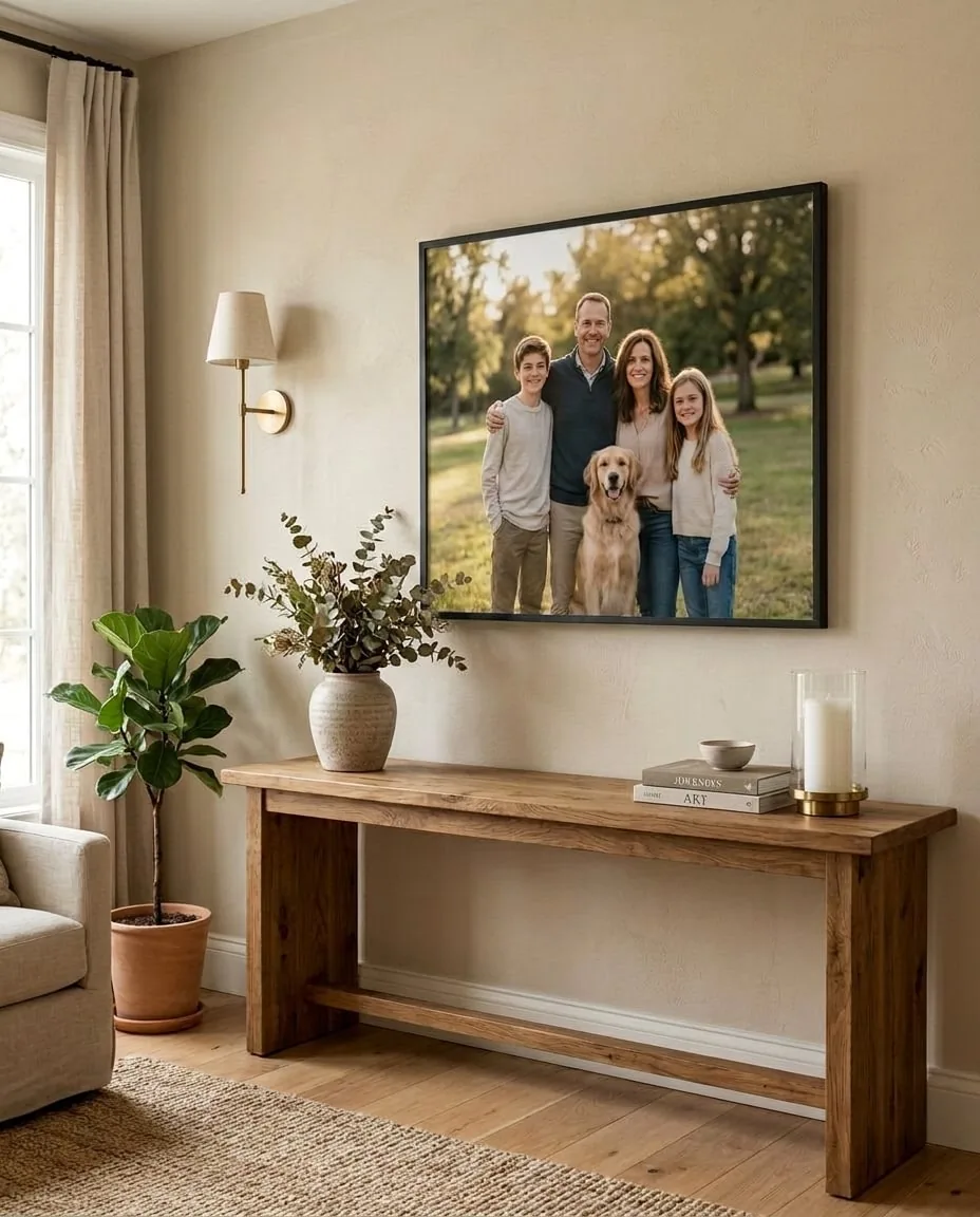The framed family portrait, hanging in the living room