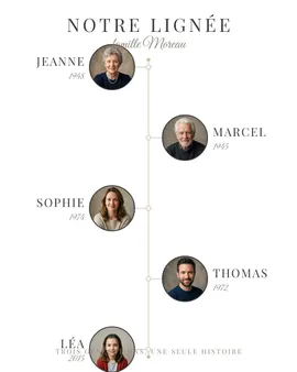 Example of a “Notre lignée” family tree, round portraits with first names and years along a lifeline