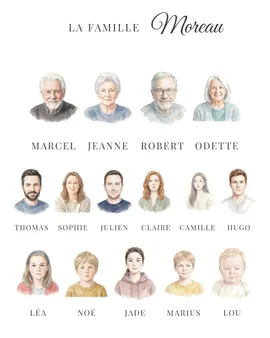 Example of a personalised family tree with a portrait of each member