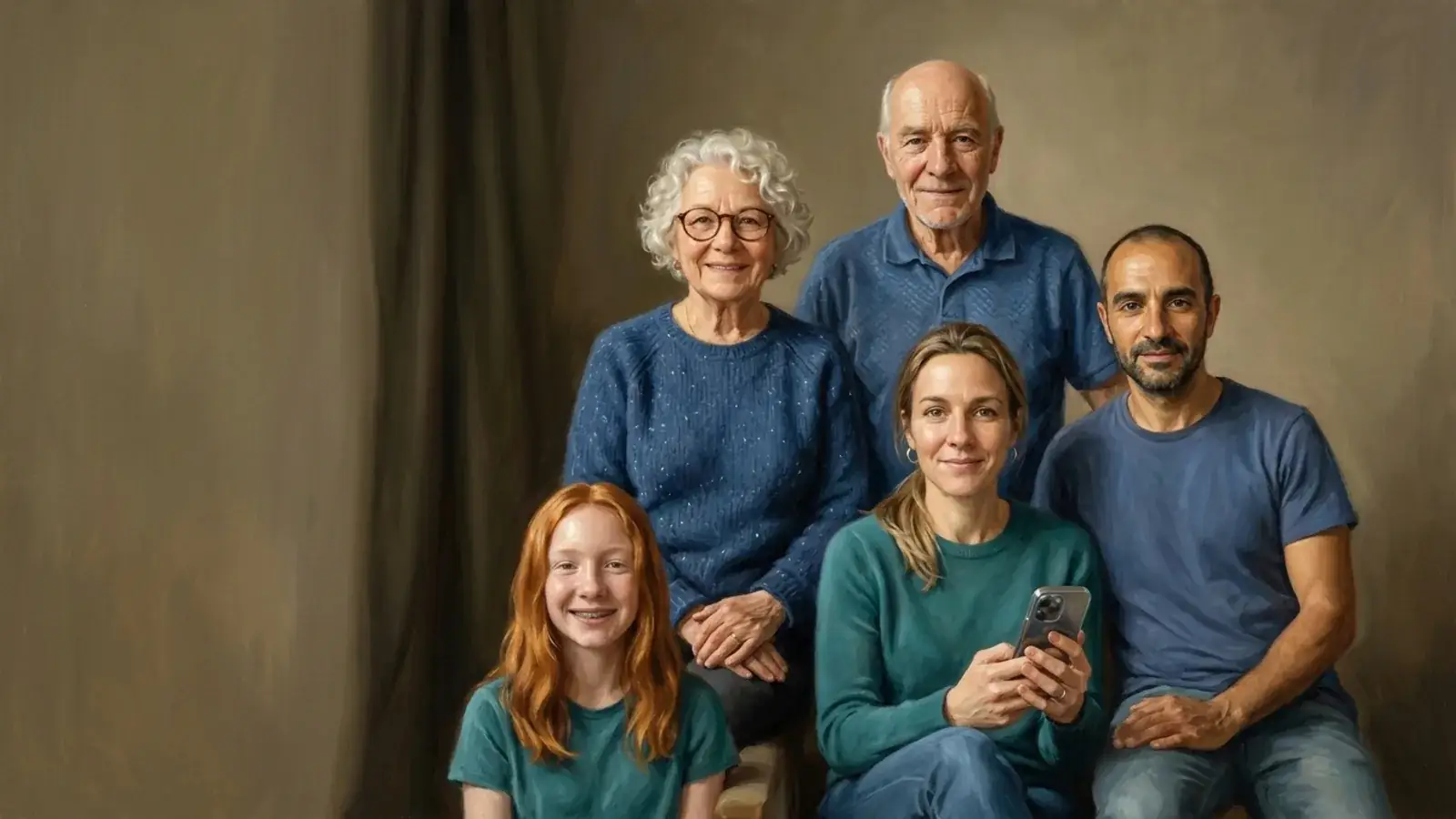 Portrait of several generations painted in oils, in the manner of the old masters