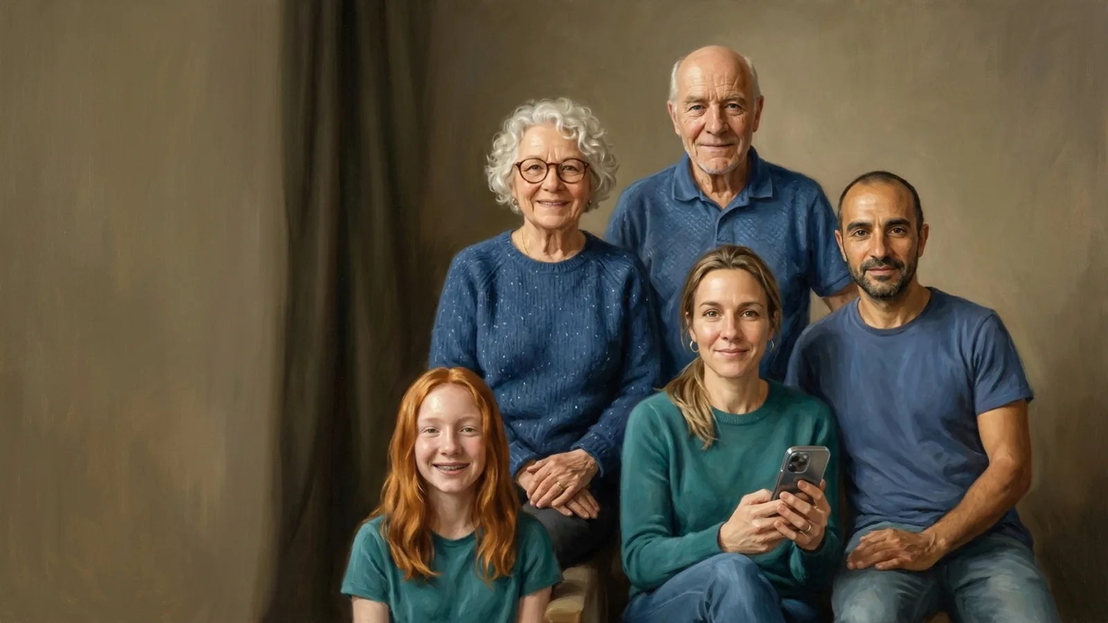 Portrait of several generations painted in oils, in the manner of the old masters