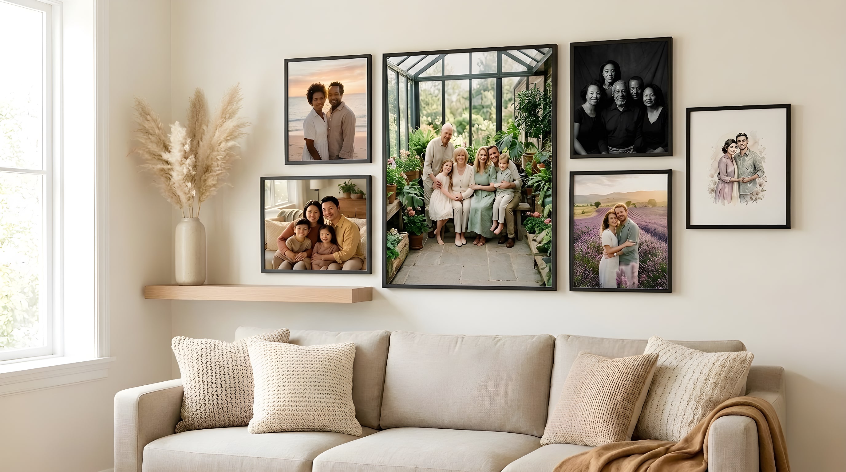 Wall of framed family portraits above a sofa, a variety of Lullae creations