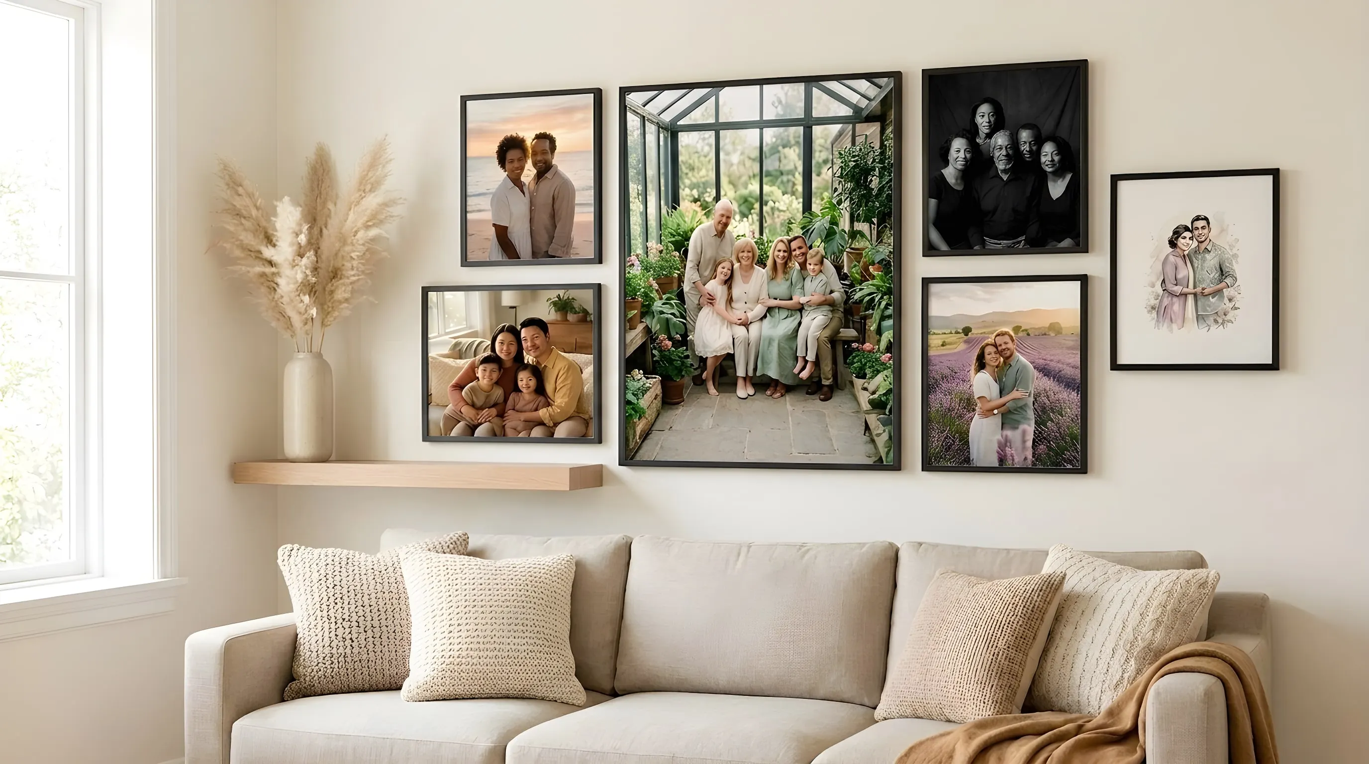 Wall of framed family portraits above a sofa, a variety of Lullae creations