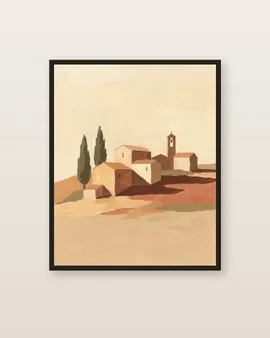Example of wall art, “Village in the sun”, an ochre Mediterranean village with cypress trees