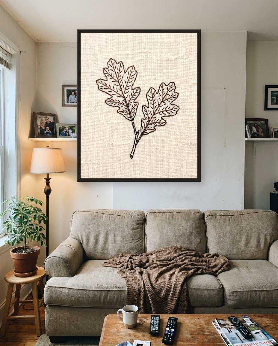 Embroidered leaves, living room