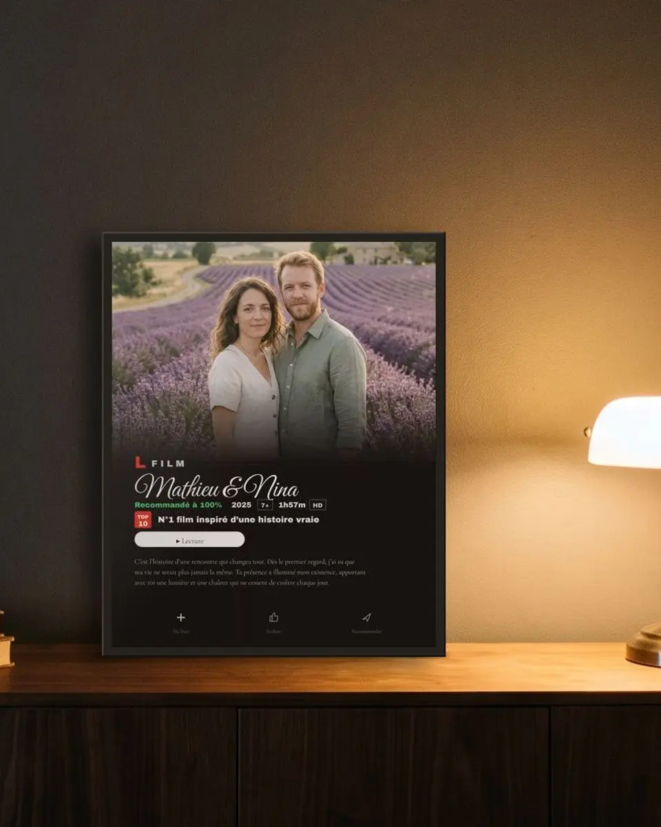 Custom series-style poster for “Mathieu & Nina”, in a black frame on a sideboard next to a lamp