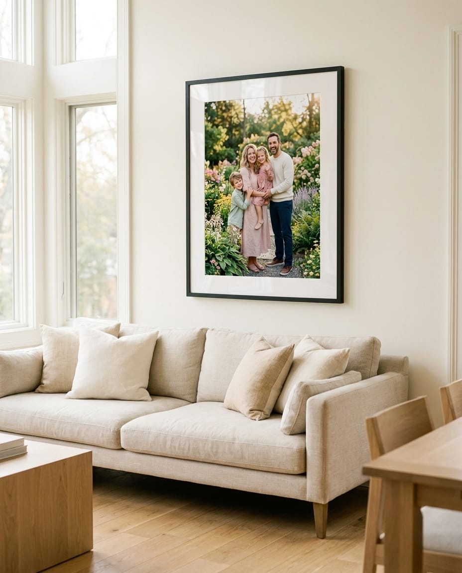 Portrait de famille encadré, accroché au mur d’un salon chaleureux