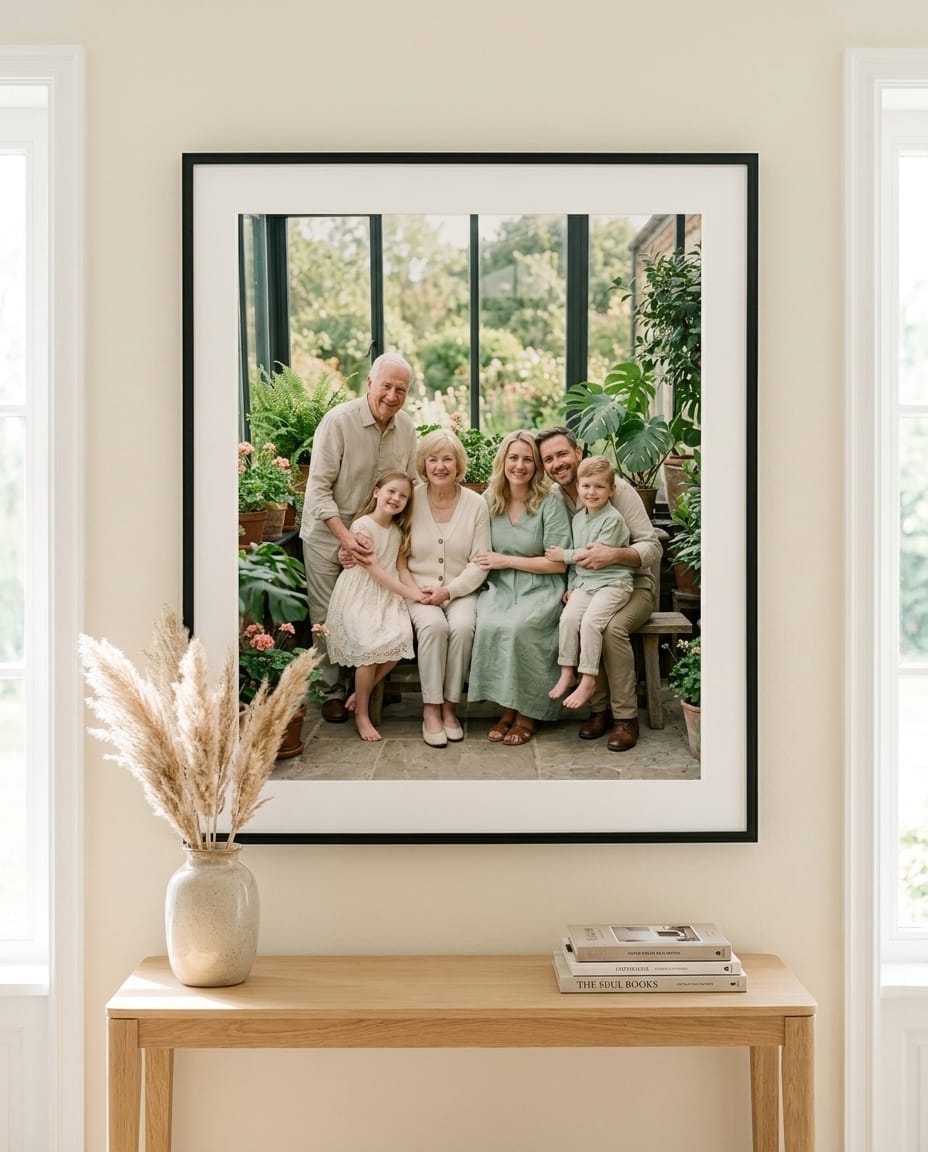Grand portrait de famille encadré, au-dessus d’une console