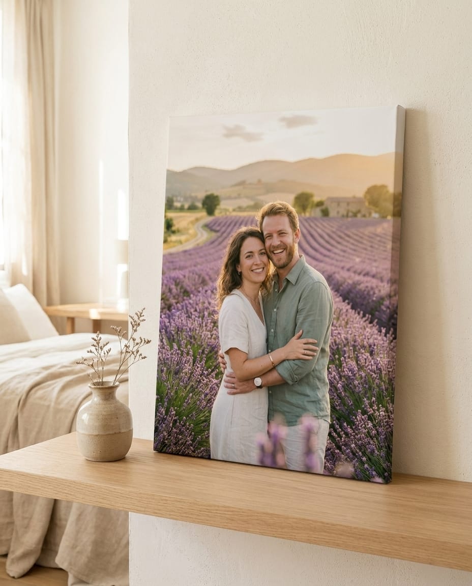 Portrait de famille imprimé sur toile tendue, posé dans un intérieur clair