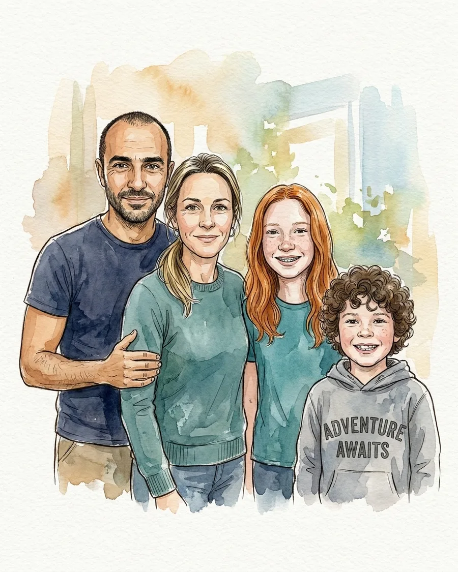 Family portrait painted in watercolour and ink, four faces brought together