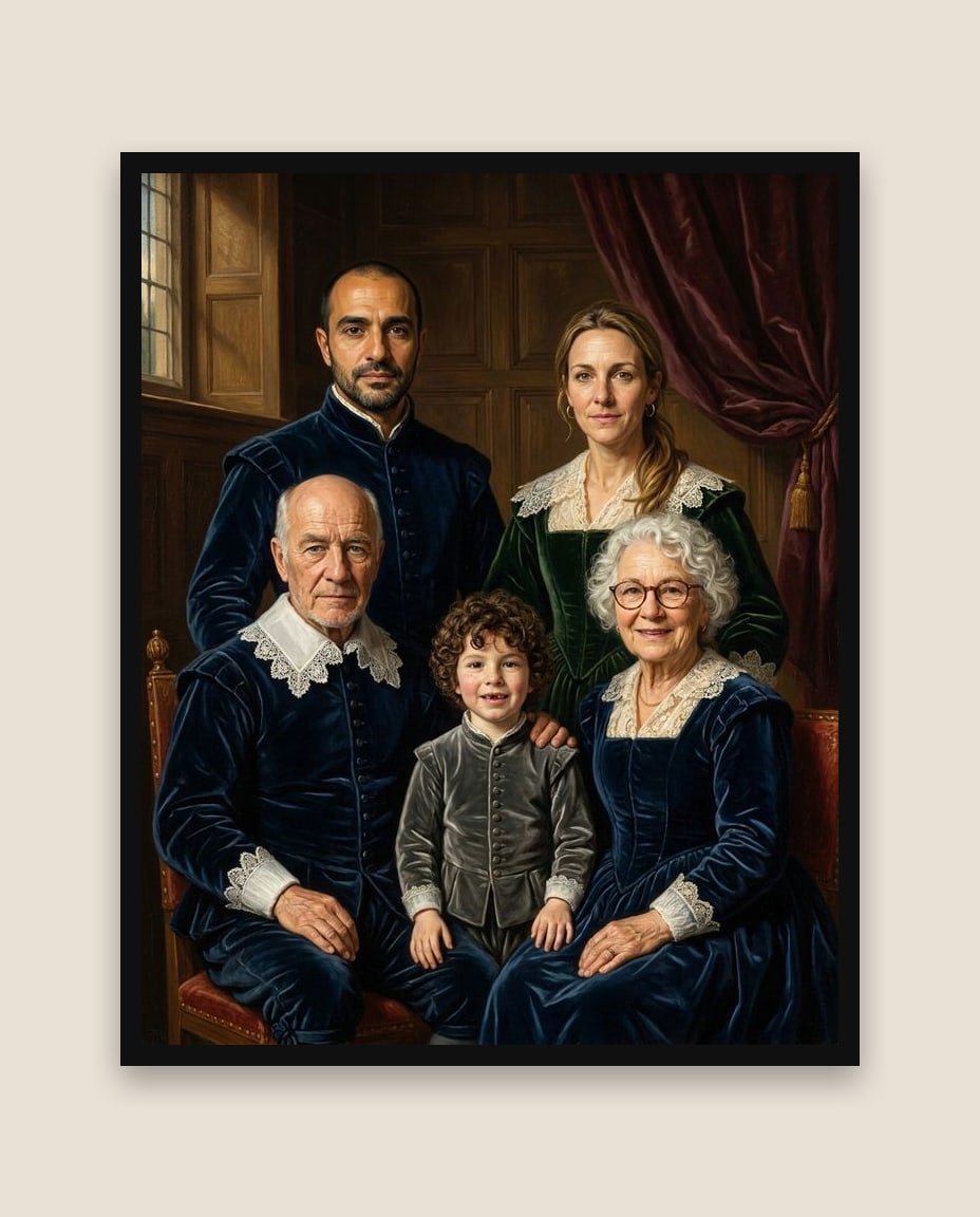 Multigenerational family portrait painted in regal style, framed