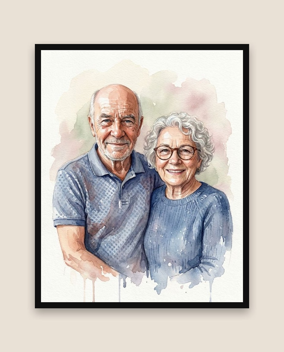 Grandparents embracing, watercolour portrait, framed