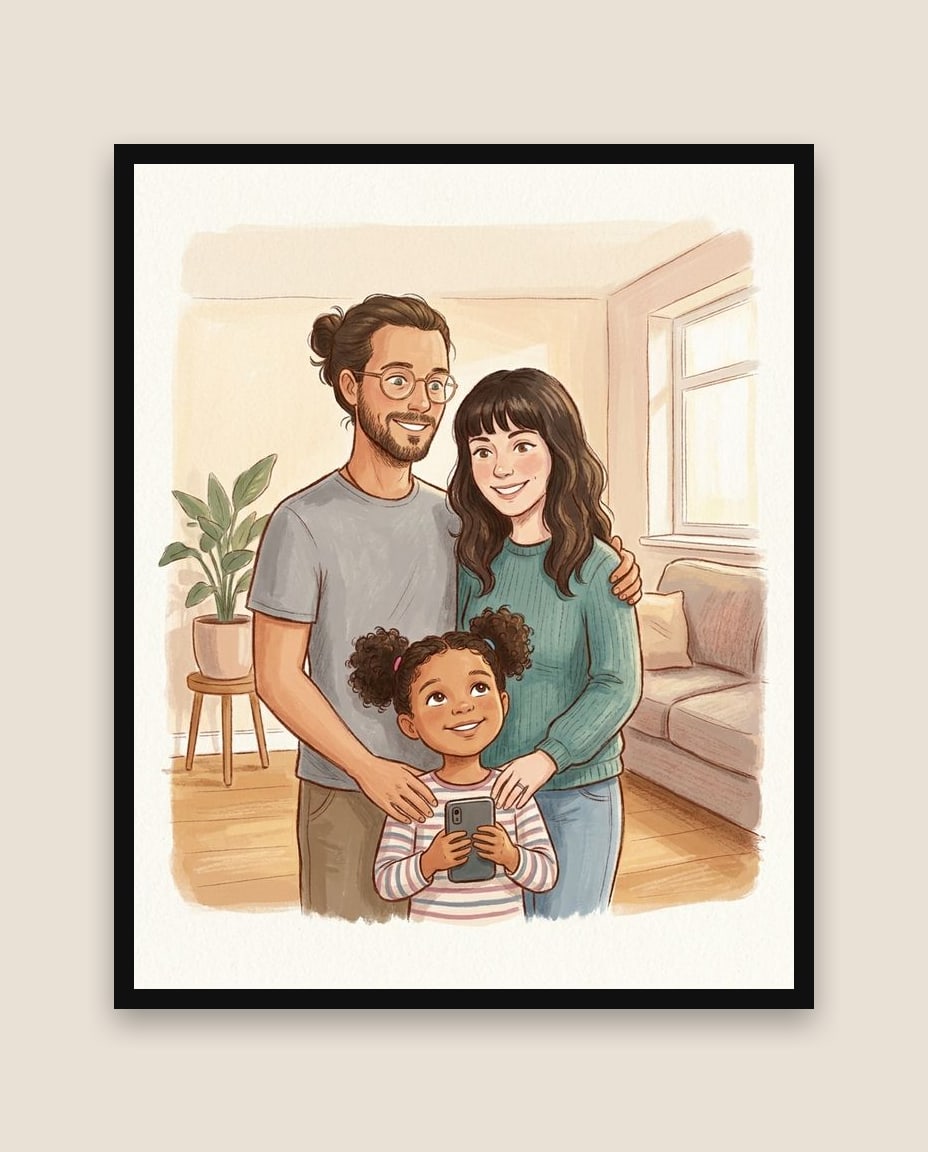 Young family illustrated in children’s-book style, framed
