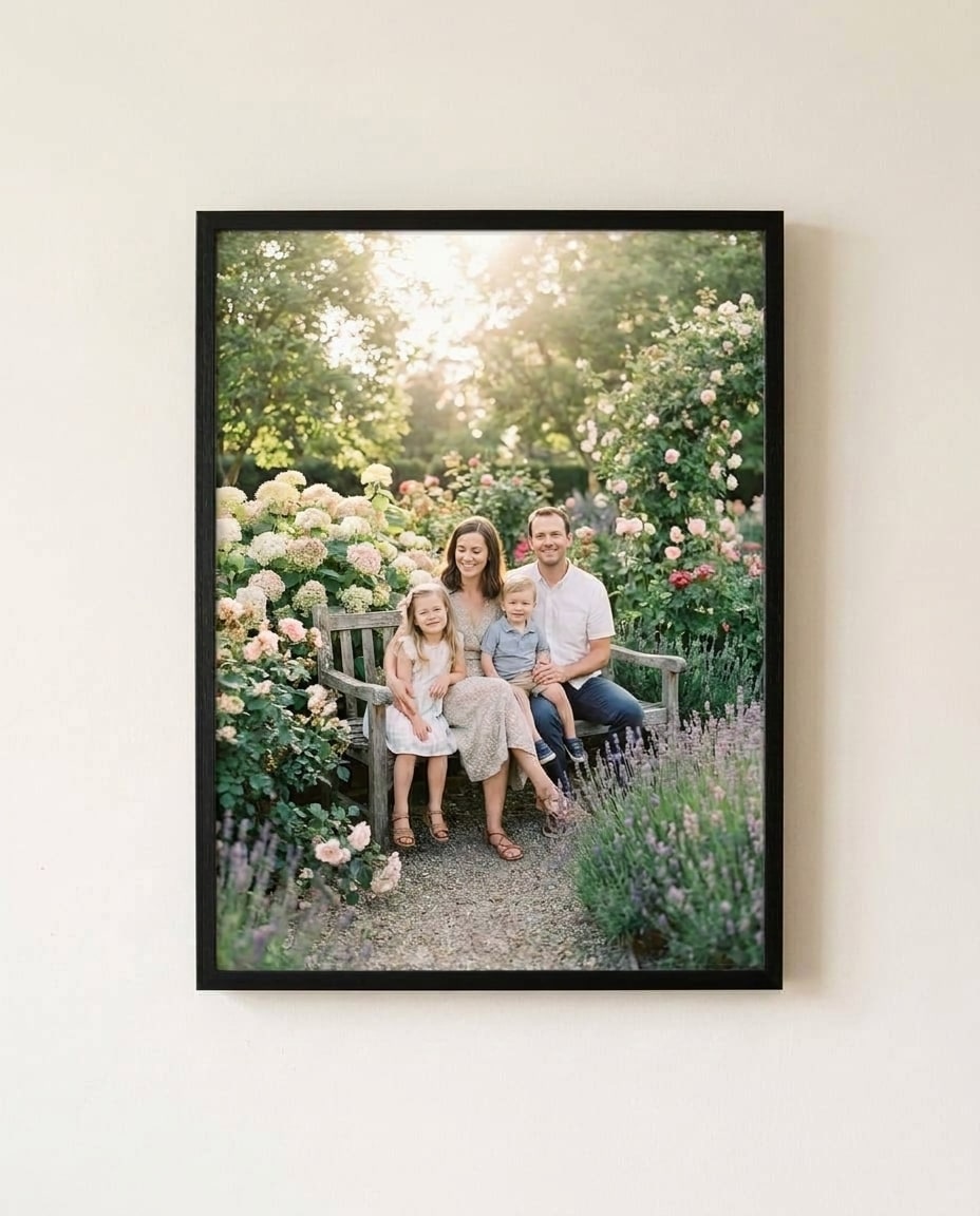 Restored black-and-white family portrait, framed