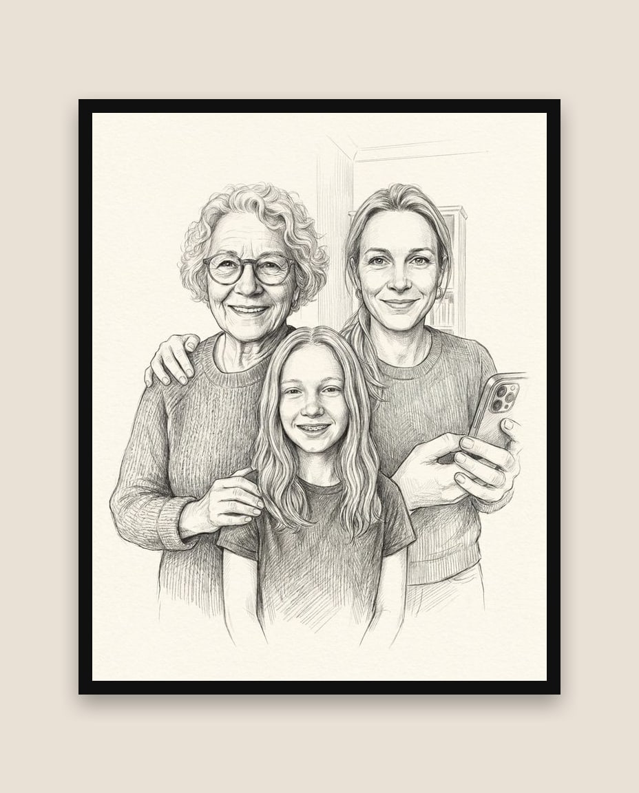 Three generations of women, pencil portrait, framed