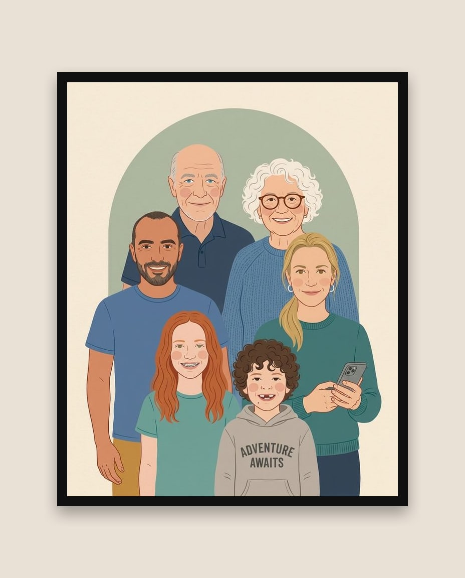 Large family reunited, terracotta illustration, framed