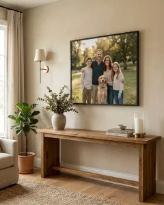 Example of a framed photo print, on a console table in a living room