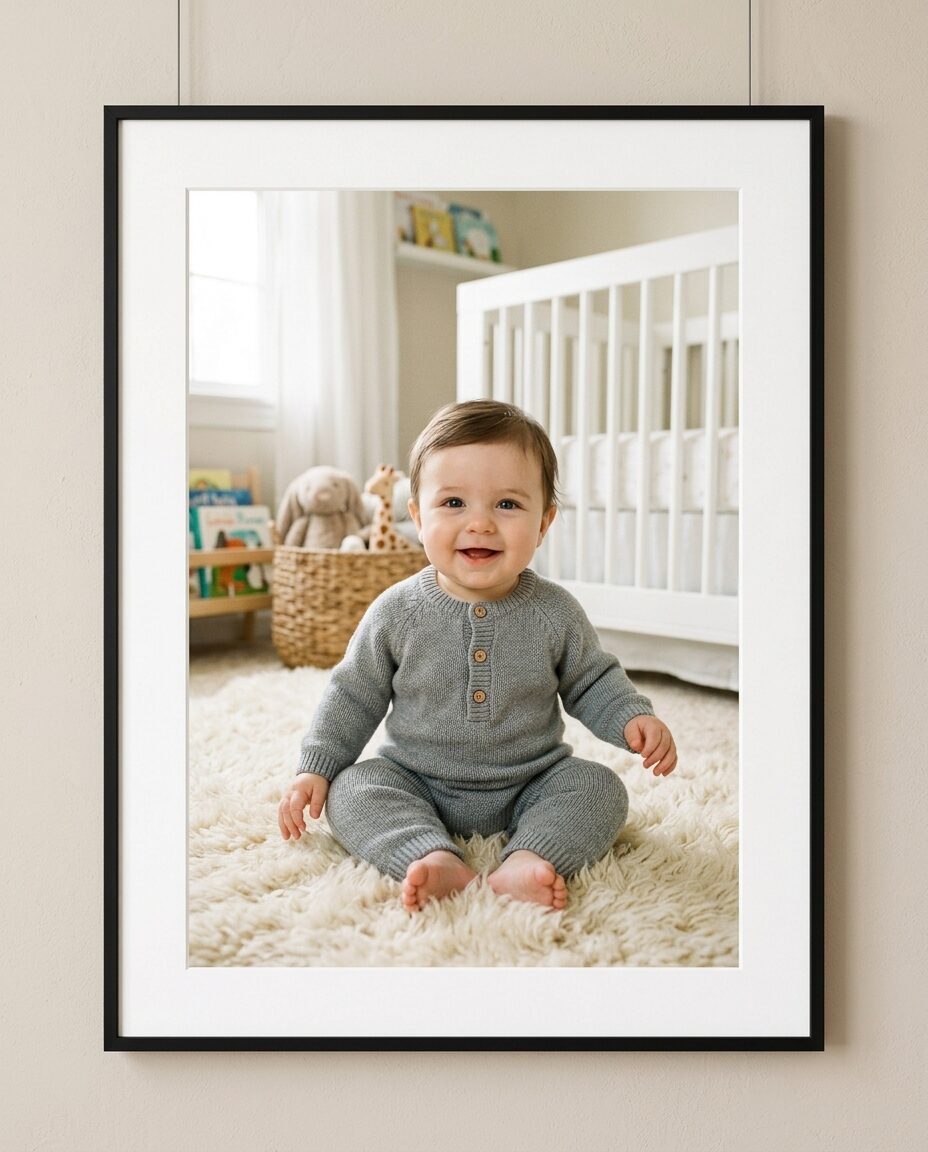 Framed birth portrait: a smiling baby, hanging in their room