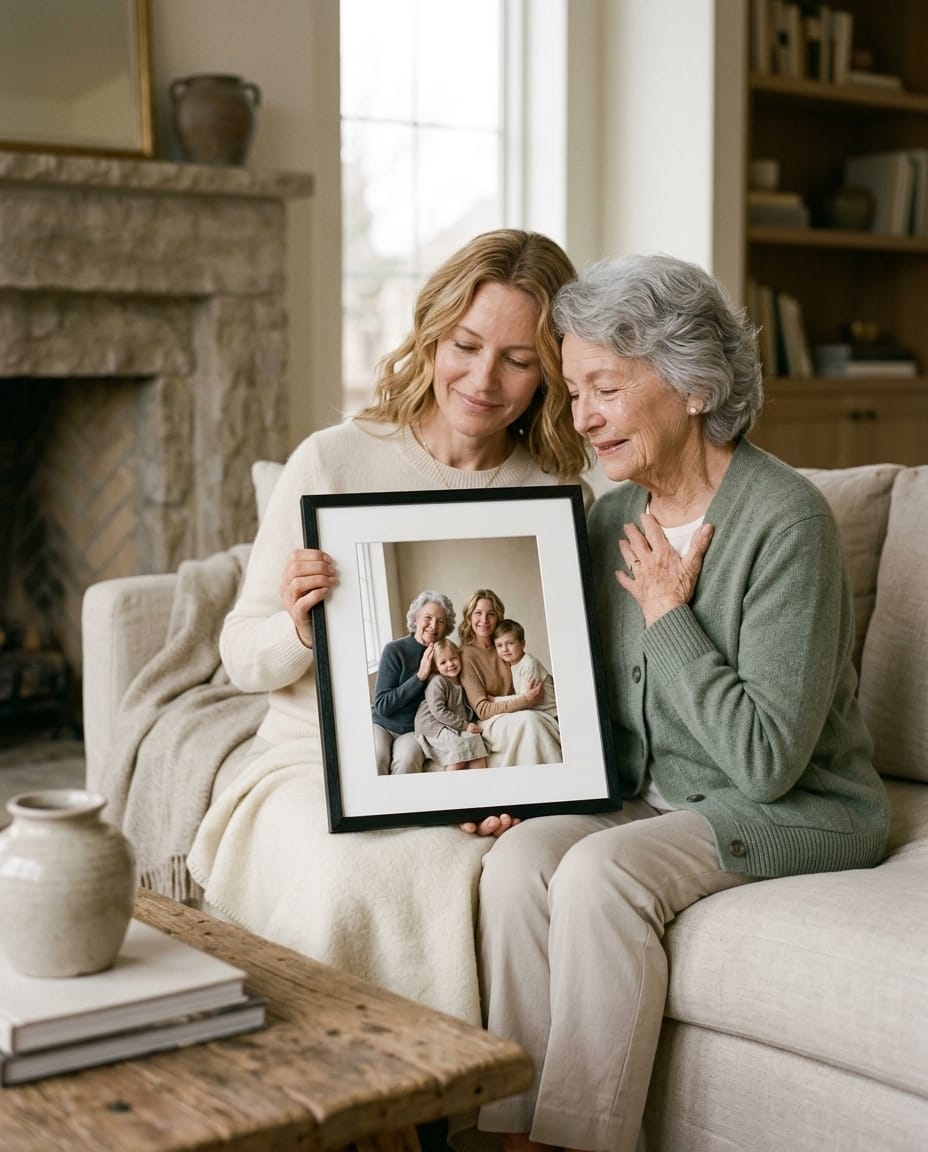A moved grandmother, hand on her heart, discovers with her daughter the family portrait that brings the same loved ones together