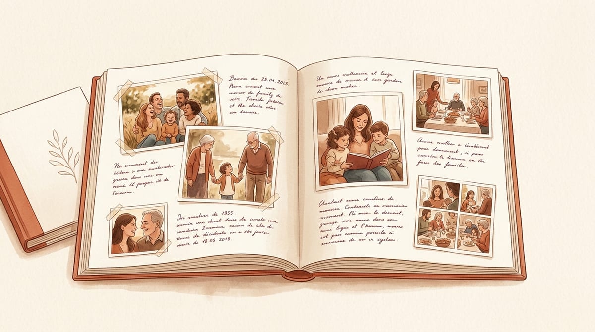Open life book with photos and memories