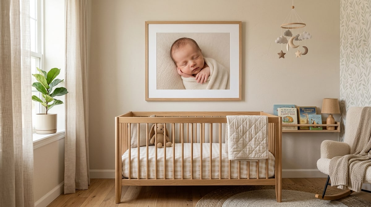 Framed birth poster in a baby’s nursery
