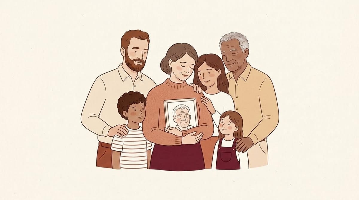 Illustration: a family holds the framed portrait of a departed loved one, a tribute