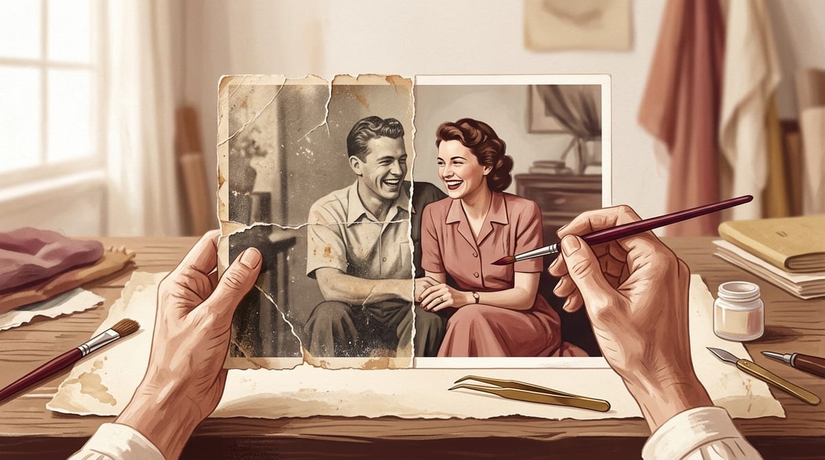 Old torn and stained photo being restored