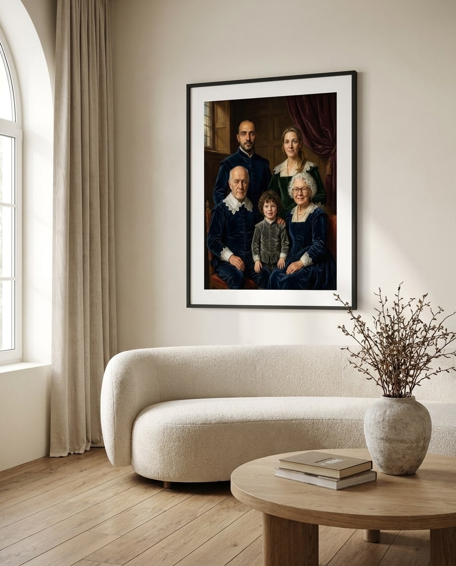 Framed multigenerational family portrait, the centrepiece of an elegant living room