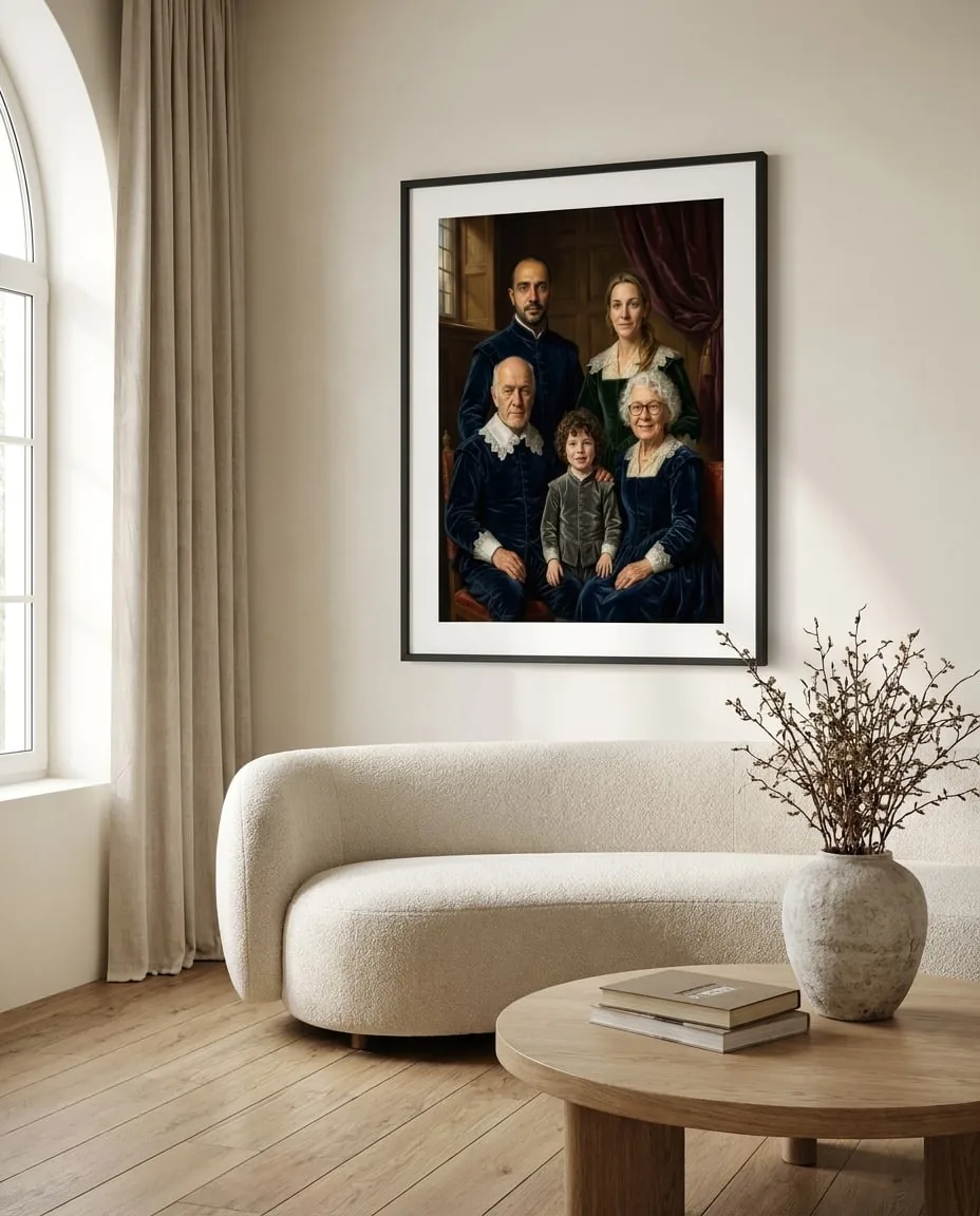 Framed multigenerational family portrait, the centrepiece of an elegant living room