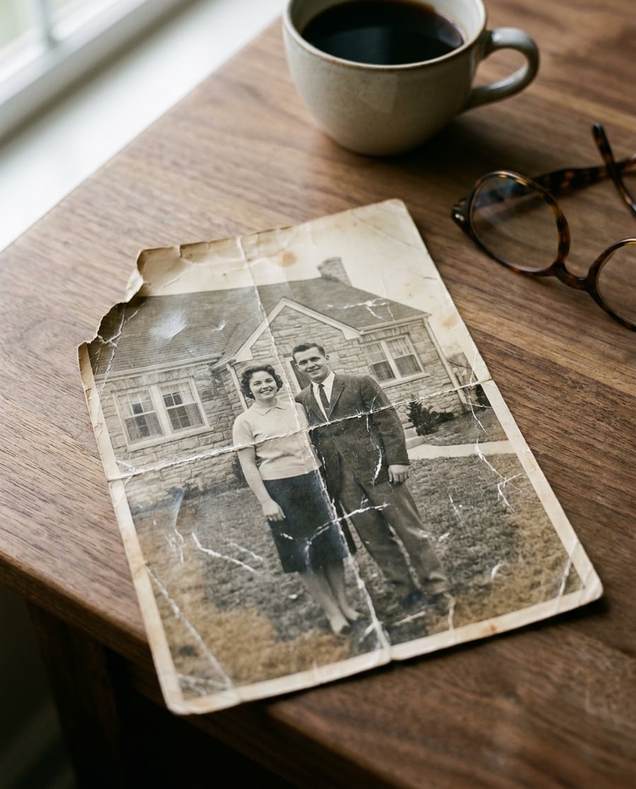 Old damaged family photo lying on a wooden table