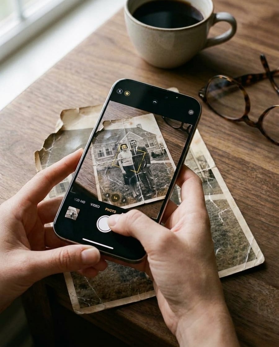 A hand photographing the damaged print with an iPhone, camera app open