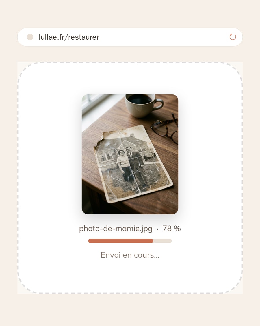 The photo dropped into the lullae.fr upload area, upload in progress