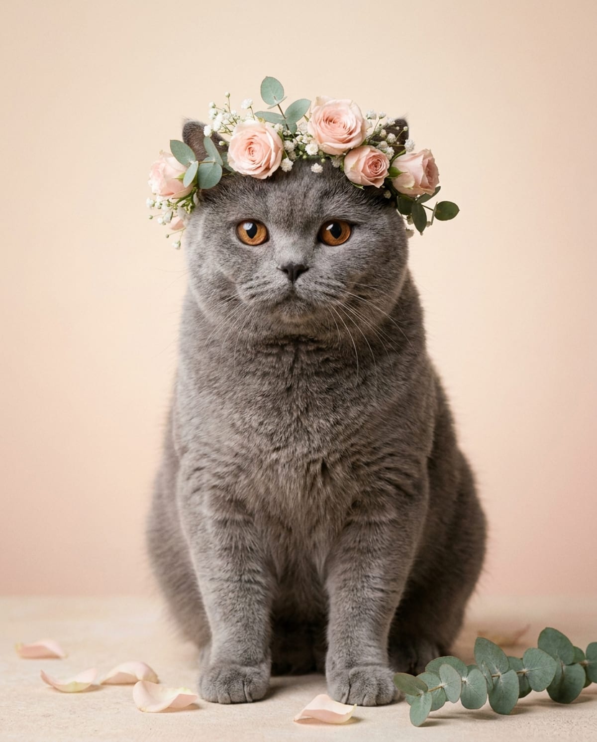 Personalised portrait of a white cat crowned with fresh flowers, framed and hung on the wall