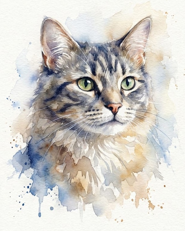 Personalised watercolour cat portrait: a green-eyed tabby, colours spilling over the line