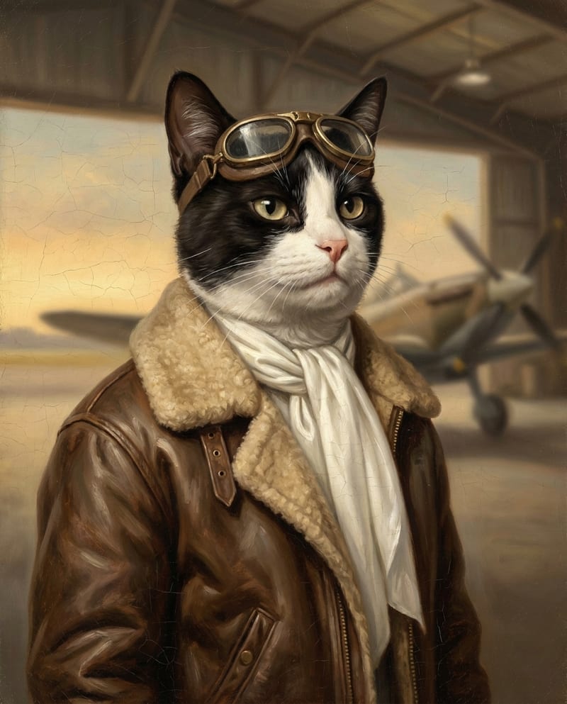 Portrait de chat en costume d’aviateur : chat noir et blanc en blouson de cuir et lunettes de pilote