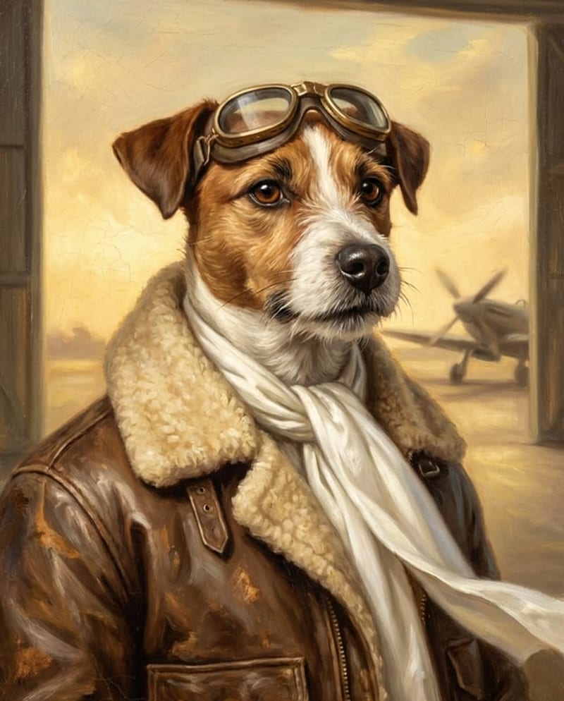 Portrait de chien en costume d’aviateur : jack russell en blouson de cuir et lunettes de pilote