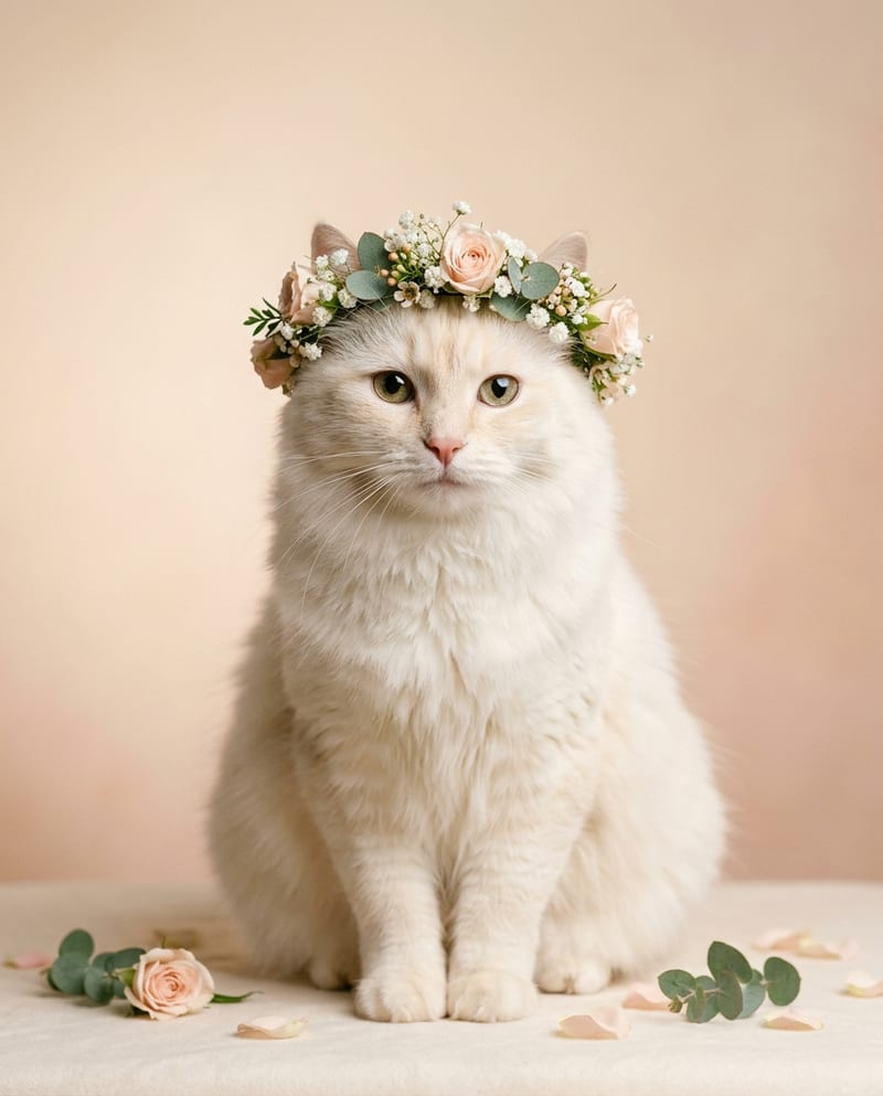 Personalised cat artwork: a white cat wearing a crown of fresh flowers on a pastel background