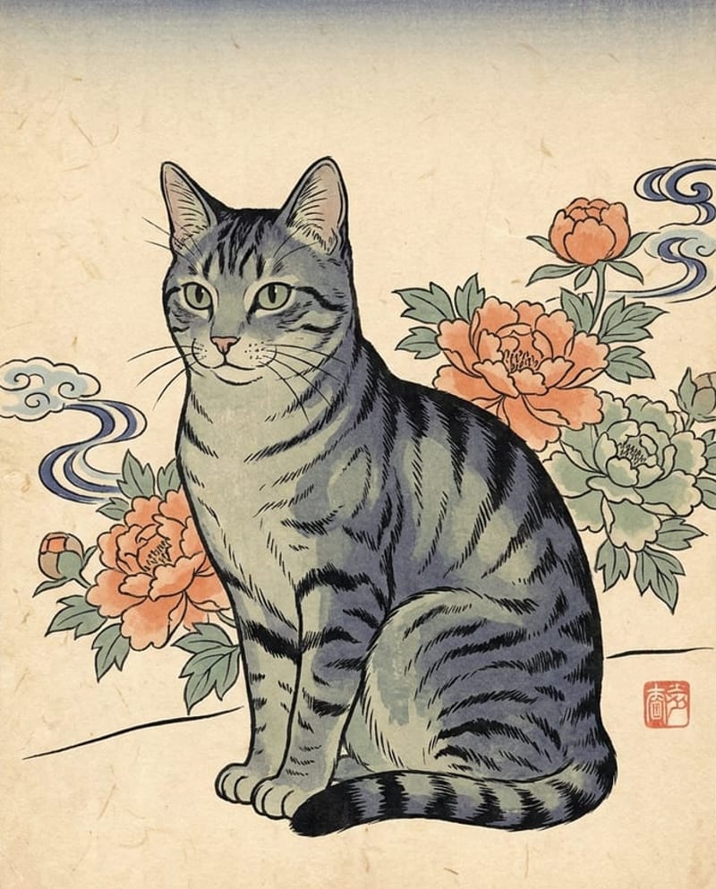 Cat portrait as a Japanese print: a tabby on washi paper with peonies and a red seal