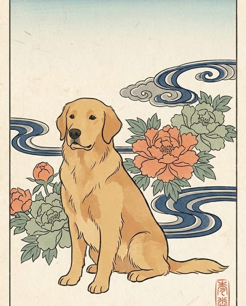 Dog portrait as a Japanese print: a golden retriever on washi paper with peonies and a red seal
